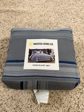 Nautica King Duvet Set - Light Blue and Navy Stripes